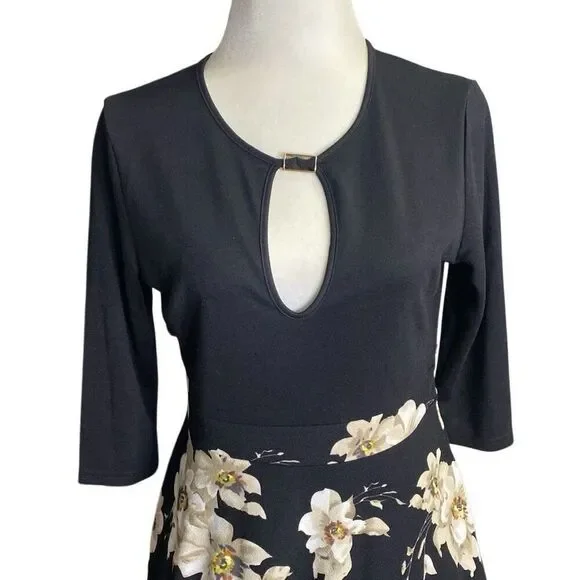 Rephyllis Women’s 1/2 Sleeve Keyhole Floral Midi Dress Black Neutral Size L - Picture 2 of 9